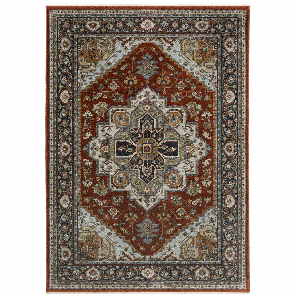 HomeRoots 508071 8 x 11 ft. Blue Beige Gray Gold Green & Rust Red Oriental Power Loom Stain Resistant Rectangle Area Rug with Fringe