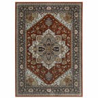 HomeRoots 508071 8 x 11 ft. Blue Beige Gray Gold Green & Rust Red Oriental Power Loom Stain Resistant Rectangle Area Rug with Fringe