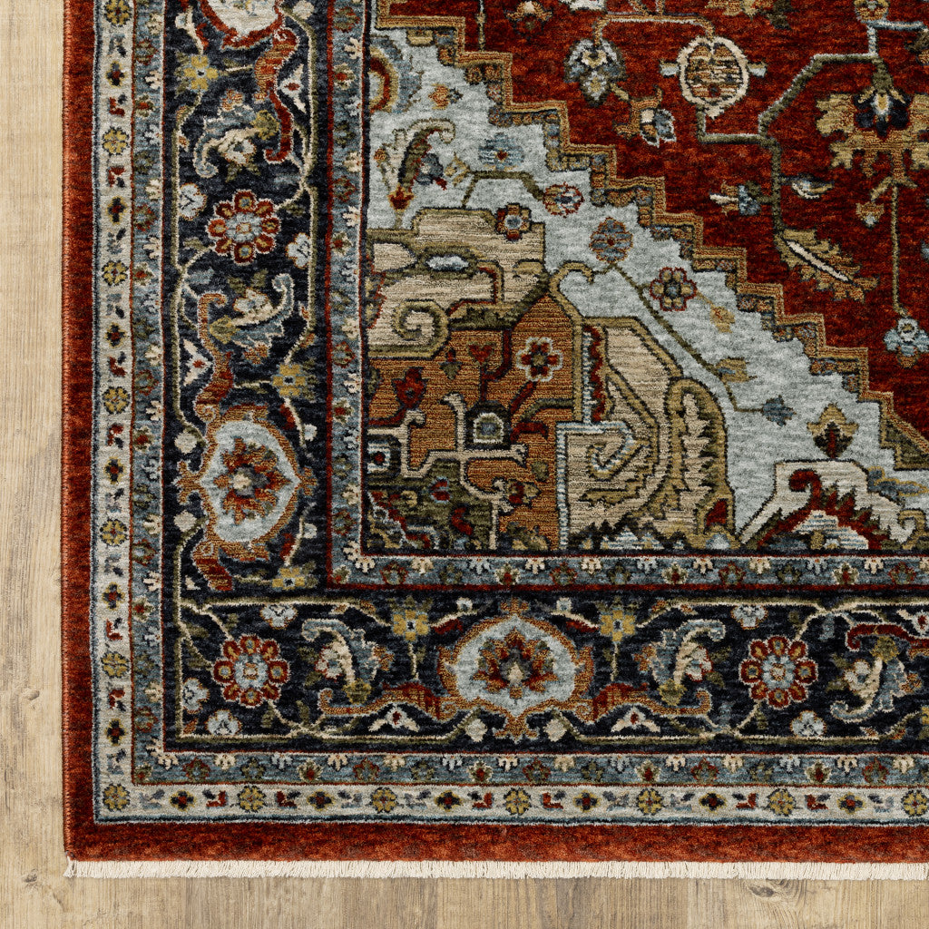 HomeRoots 508071 8 x 11 ft. Blue Beige Gray Gold Green & Rust Red Oriental Power Loom Stain Resistant Rectangle Area Rug with Fringe
