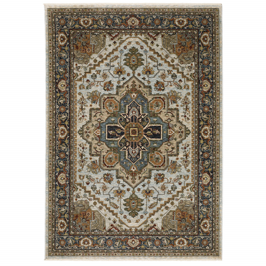 HomeRoots 508077 6 x 9 ft. Ivory Beige Blue Orange Gold Green Gray & Rust Oriental Power Loom Stain Resistant Rectangle Area Rug with Fringe