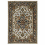 HomeRoots 508077 6 x 9 ft. Ivory Beige Blue Orange Gold Green Gray & Rust Oriental Power Loom Stain Resistant Rectangle Area Rug with Fringe
