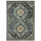 HomeRoots 508092 8 x 11 ft. Blue Gold Ivory & Navy Oriental Power Loom Stain Resistant Rectangle Area Rug with Fringe