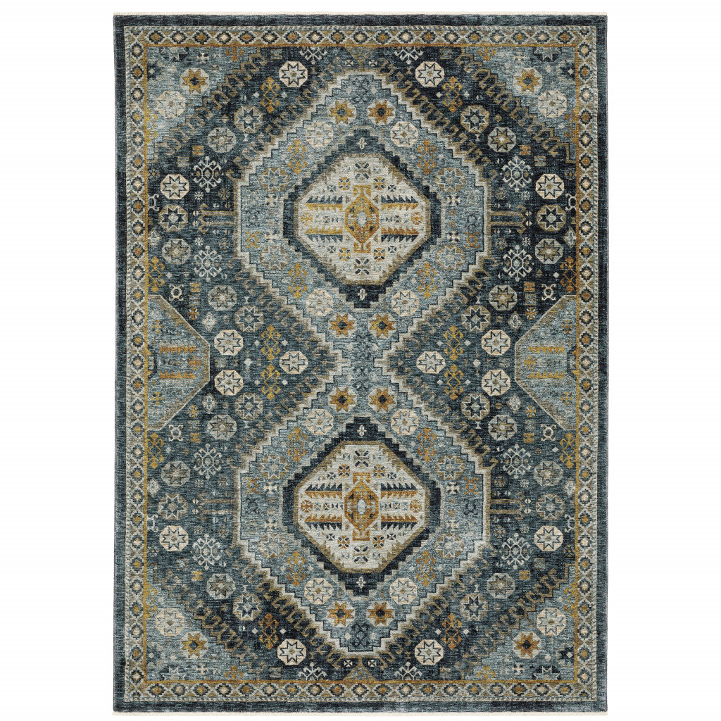 HomeRoots 508092 8 x 11 ft. Blue Gold Ivory & Navy Oriental Power Loom Stain Resistant Rectangle Area Rug with Fringe