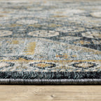 HomeRoots 508092 8 x 11 ft. Blue Gold Ivory & Navy Oriental Power Loom Stain Resistant Rectangle Area Rug with Fringe