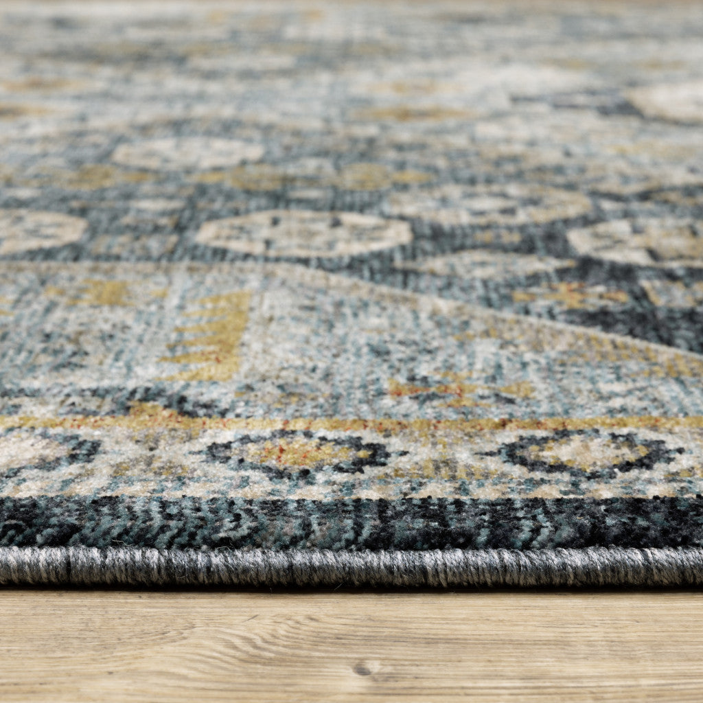 HomeRoots 508092 8 x 11 ft. Blue Gold Ivory & Navy Oriental Power Loom Stain Resistant Rectangle Area Rug with Fringe