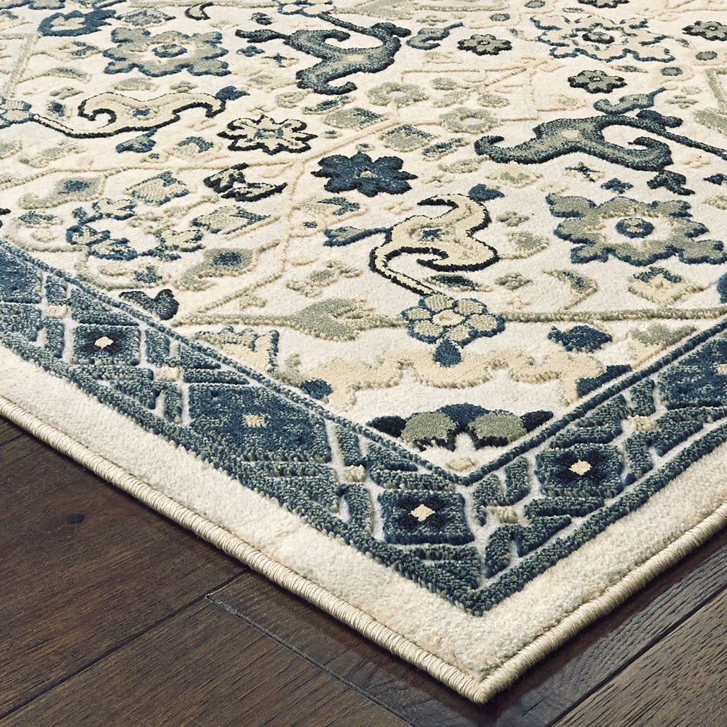 HomeRoots 508367 10 x 13 ft. Ivory Navy & Gold Oriental Power Loom Stain Resistant Rectangle Area Rug