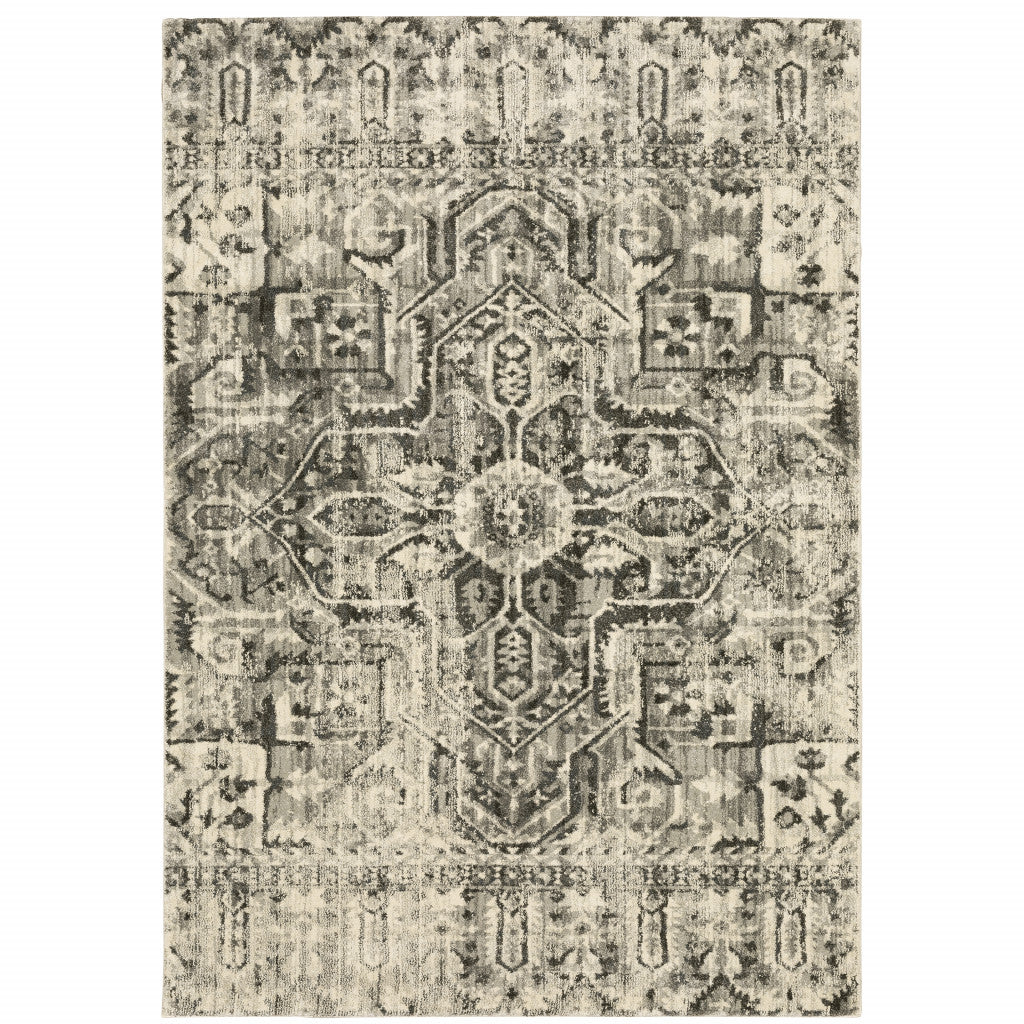 HomeRoots 508844 8 x 11 ft. Gray Ivory & Brown Oriental Power Loom Stain Resistant Rectangle Area Rug