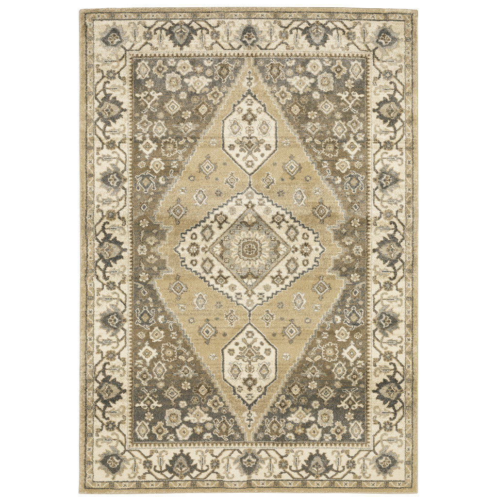 HomeRoots 508865 10 x 13 ft. Beige Gray Tan & Charcoal Oriental Power Loom Stain Resistant Rectangle Area Rug, Rectangular