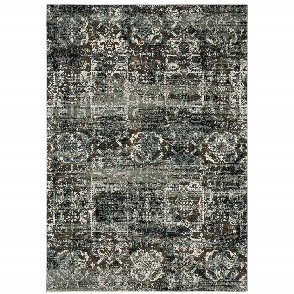 HomeRoots 508907 6 x 9 ft. Ivory Charcoal Gray Blue Rust Gold & Brown Oriental Power Loom Stain Resistant Rectangle Area Rug
