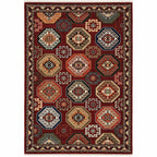 HomeRoots 509211 6 x 9 ft. Red Blue Brown & Beige Oriental Power Loom Stain Resistant Rectangle Area Rug with Fringe