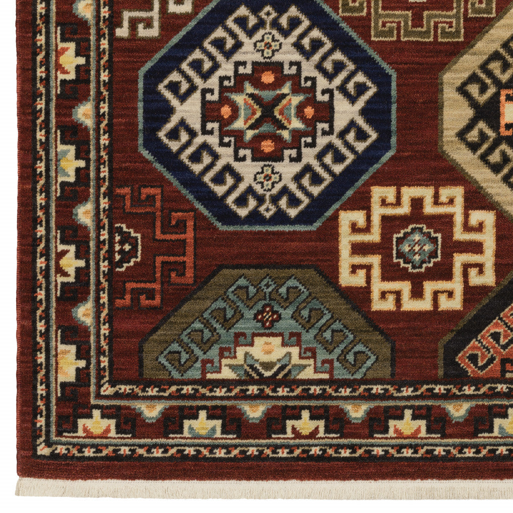 HomeRoots 509211 6 x 9 ft. Red Blue Brown & Beige Oriental Power Loom Stain Resistant Rectangle Area Rug with Fringe