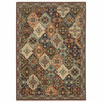 HomeRoots 509273 8 x 11 ft. Red Rust Navy Light Blue Brown Orange Ivory & Gold Oriental Power Loom Stain Resistant Rectangle Area Rug with Fringe