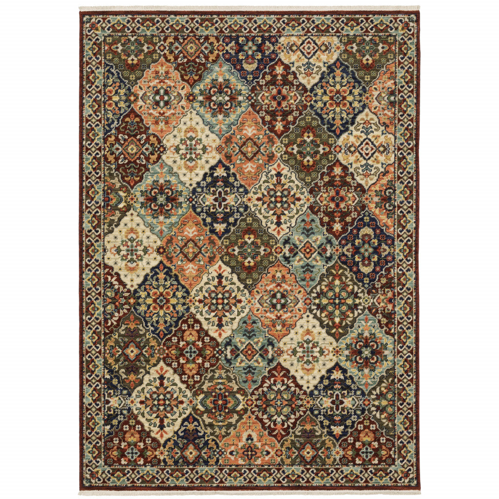 HomeRoots 509273 8 x 11 ft. Red Rust Navy Light Blue Brown Orange Ivory & Gold Oriental Power Loom Stain Resistant Rectangle Area Rug with Fringe