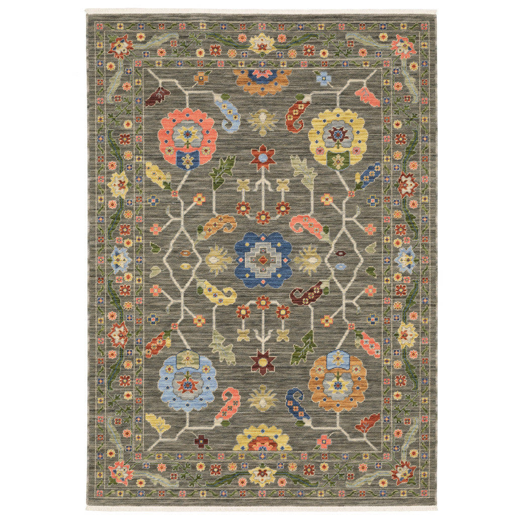HomeRoots 509308 8 x 11 ft. Gray Blue Pink Orange Rust Red Green & Ivory Oriental Power Loom Stain Resistant Rectangle Area Rug with Fringe