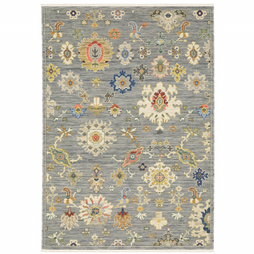 HomeRoots 509323 10 x 13 ft. Gray Ivory Gold Salmon Red Blue & Green Oriental Power Loom Stain Resistant Rectangle Area Rug with Fringe