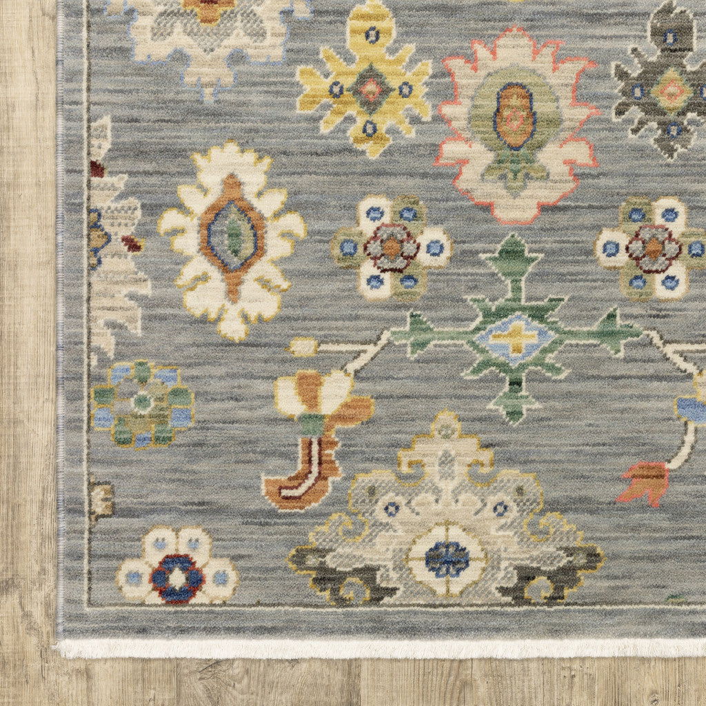 HomeRoots 509323 10 x 13 ft. Gray Ivory Gold Salmon Red Blue & Green Oriental Power Loom Stain Resistant Rectangle Area Rug with Fringe