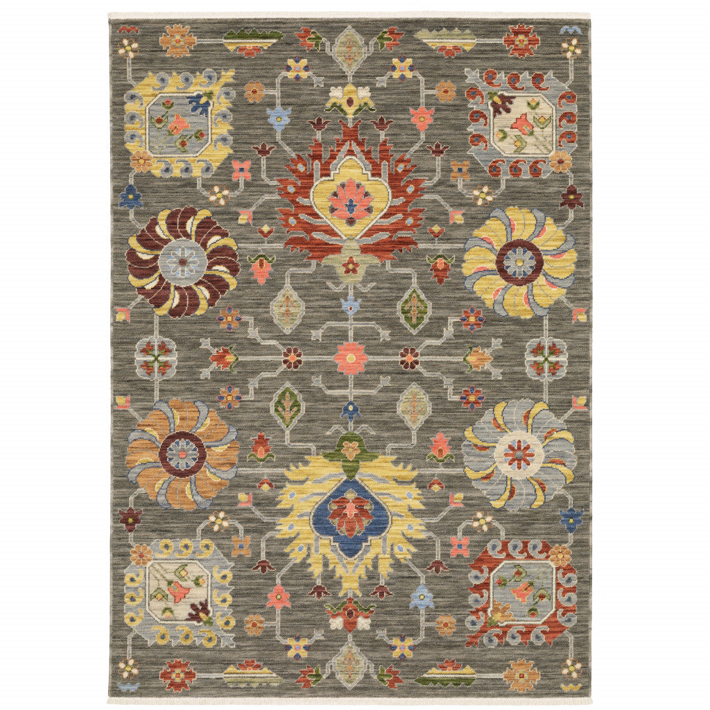 HomeRoots 509335 6 x 9 ft. Gray Charcoal Yellow Blue Rust Red Pink Green & Ivory Oriental Power Loom Stain Resistant Rectangle Area Rug with Fringe