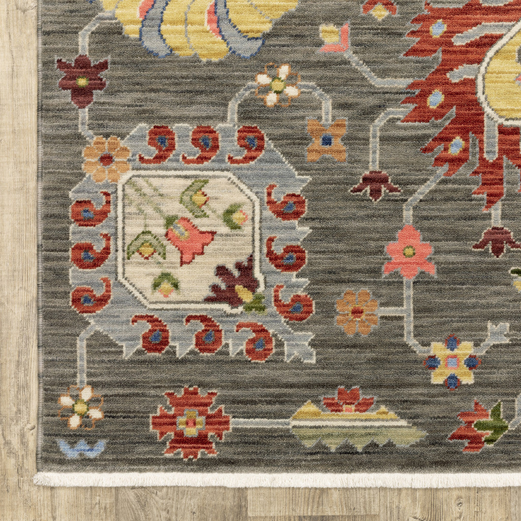 HomeRoots 509335 6 x 9 ft. Gray Charcoal Yellow Blue Rust Red Pink Green & Ivory Oriental Power Loom Stain Resistant Rectangle Area Rug with Fringe