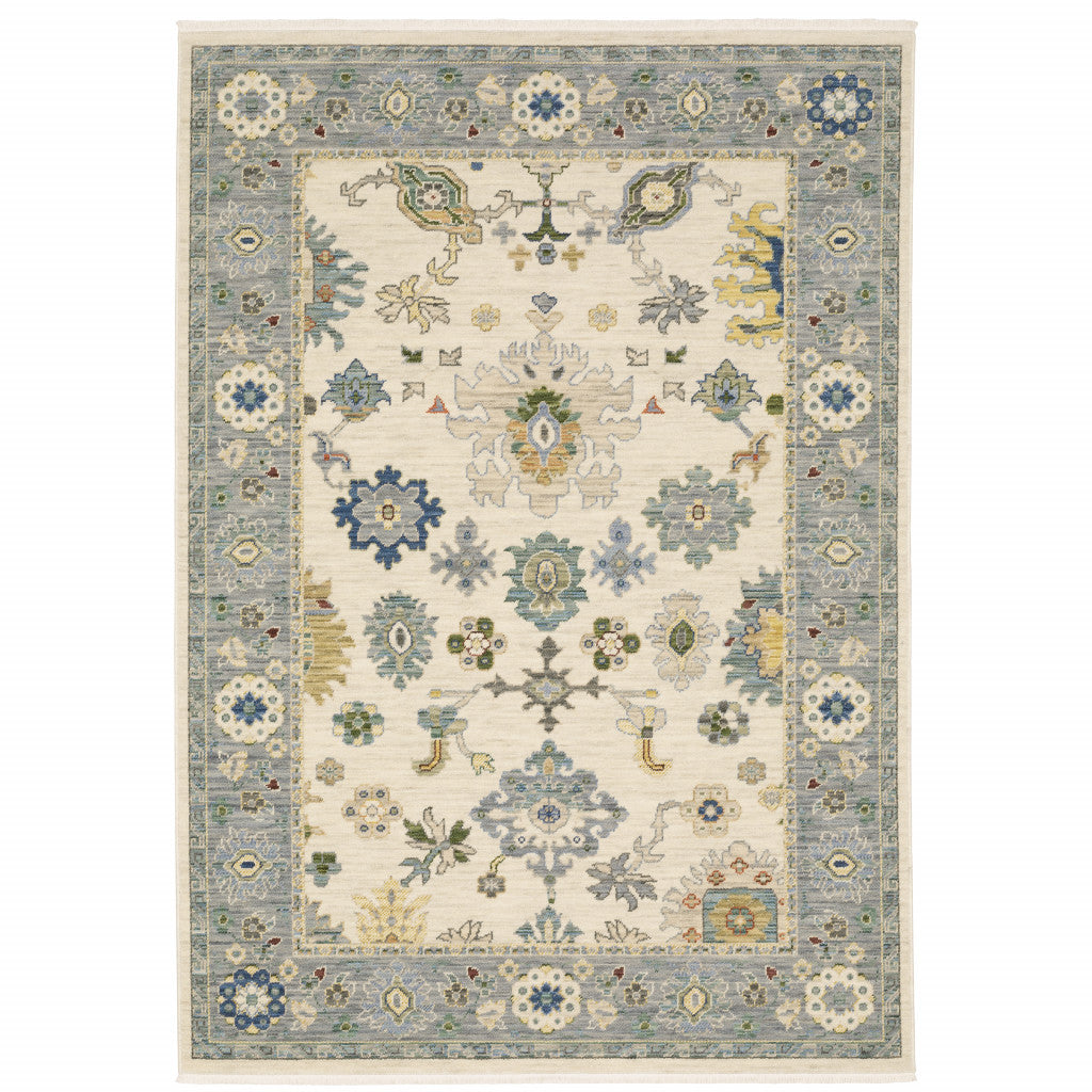 HomeRoots 509357 8 x 11 ft. Ivory Blue Gray Teal Gold Green & Rust Oriental Power Loom Stain Resistant Rectangle Area Rug with Fringe