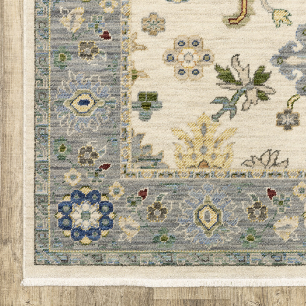 HomeRoots 509357 8 x 11 ft. Ivory Blue Gray Teal Gold Green & Rust Oriental Power Loom Stain Resistant Rectangle Area Rug with Fringe