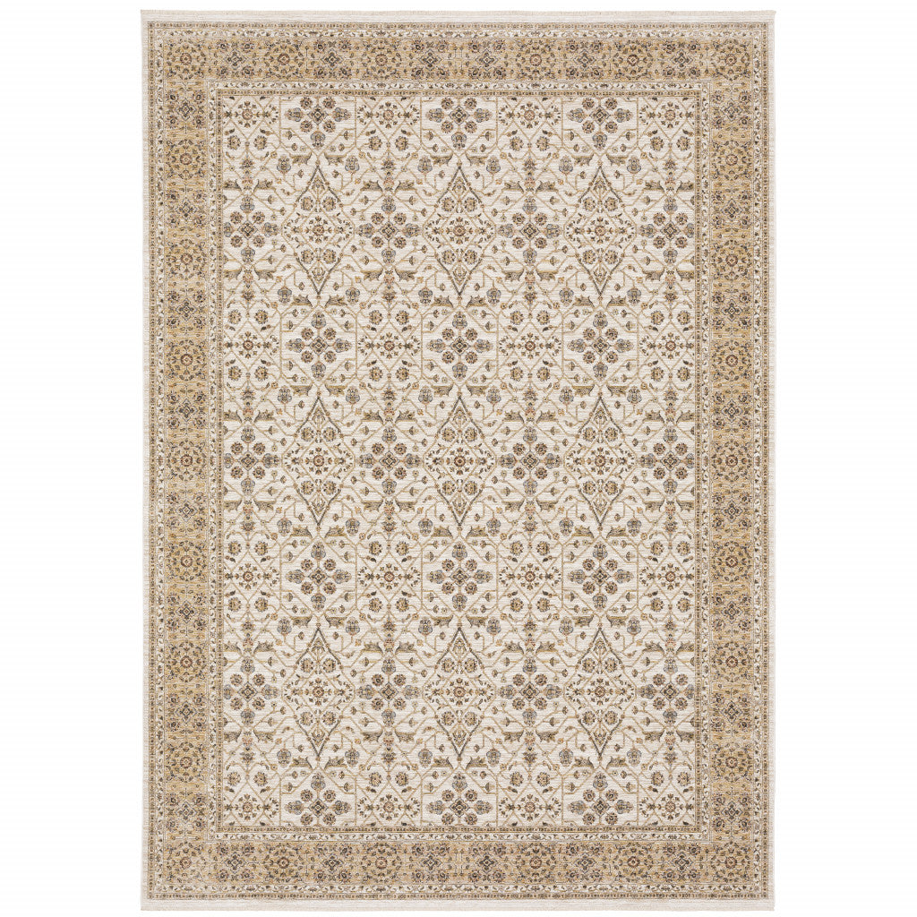 HomeRoots 509385 8 x 11 ft. Ivory & Gold Oriental Power Loom Stain Resistant Rectangle Area Rug with Fringe