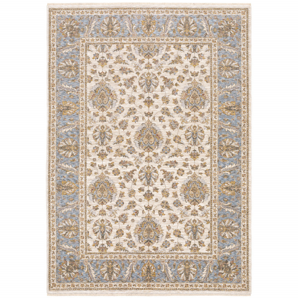 HomeRoots 509427 10 x 13 ft. Ivory & Blue Oriental Power Loom Stain Resistant Rectangle Area Rug with Fringe