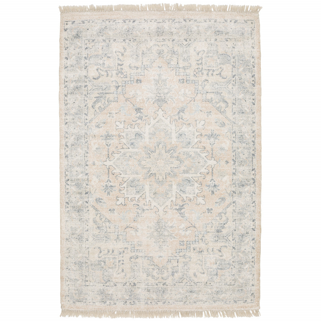 HomeRoots 509449 10 x 13 ft. Beige & Gray Oriental Hand Loomed Stain Resistant Rectangle Area Rug with Fringe