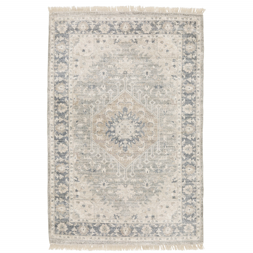 HomeRoots 509472 8 x 10 ft. Beige & Gray Oriental Hand Loomed Stain Resistant Rectangle Area Rug with Fringe