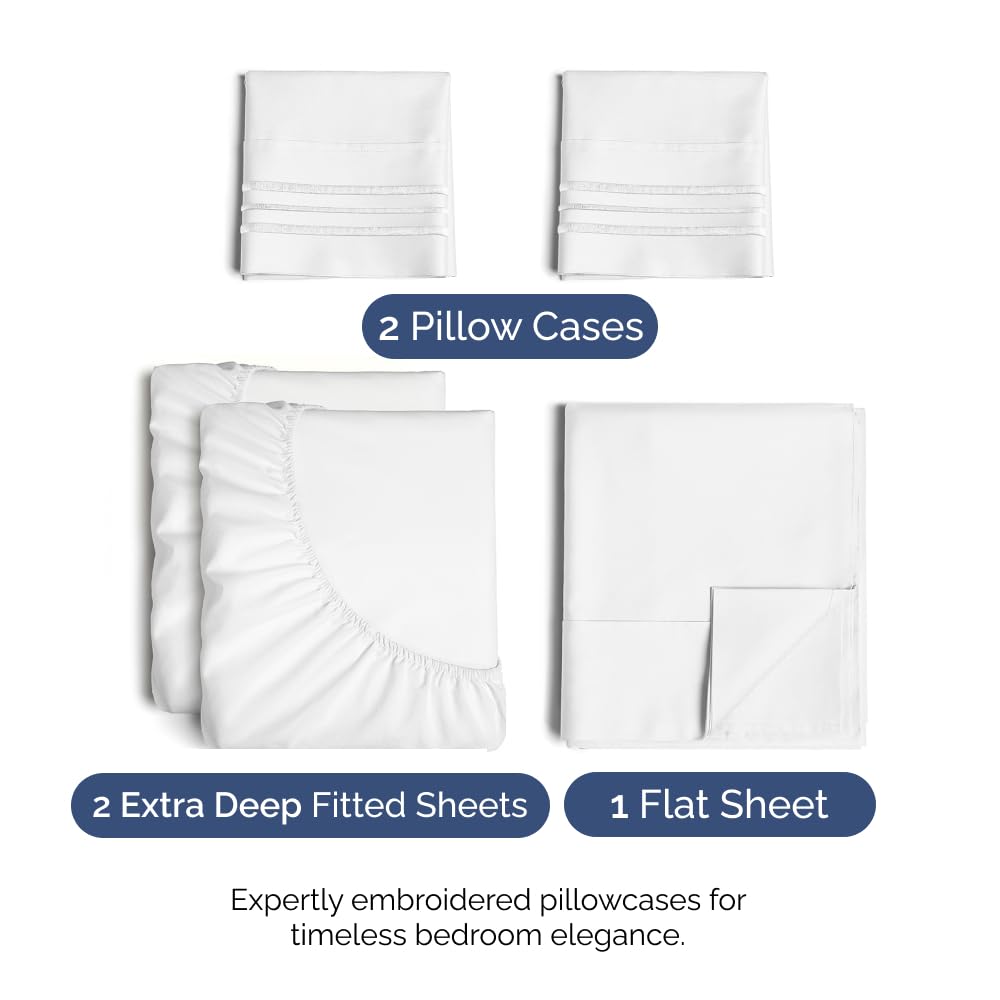 Extra Deep Pocket Split King Sheets - 5 Piece Breathable & Cooling Bed Sheets - Hotel Luxury Bed Sheet Set - Soft, Wrinkle Free & Comfy - Easily Fits Extra Deep Mattresses - Deep Pocket White Sheets