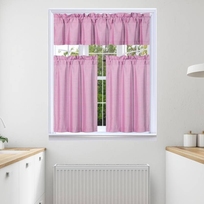 3Pc Set Solid Faux Silk Lined Blackout Rod Pocket Small Kitchen Window Curtain With Valance (K3) (Pink)