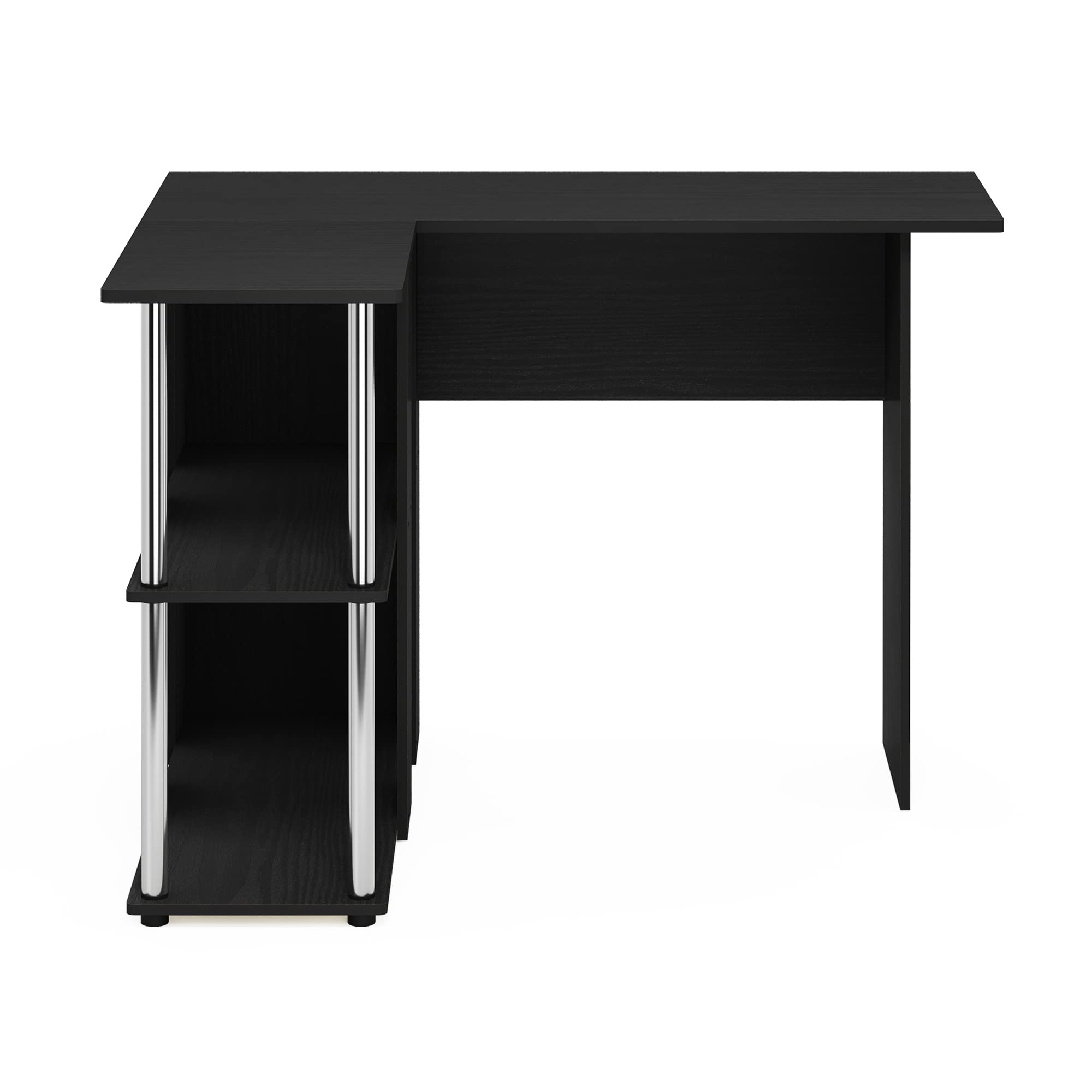 Furinno Abbott L-Shape Desk With Bookshelf, Americano/Chrome
