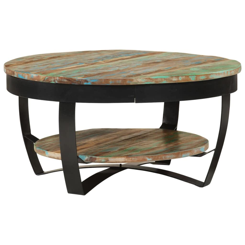 Vidaxl Industrialstyle Coffee Table, Solid Reclaimed Wood, Round Shape, Includes Shelf, No Assembly Required, 25.6inchX12.6inch