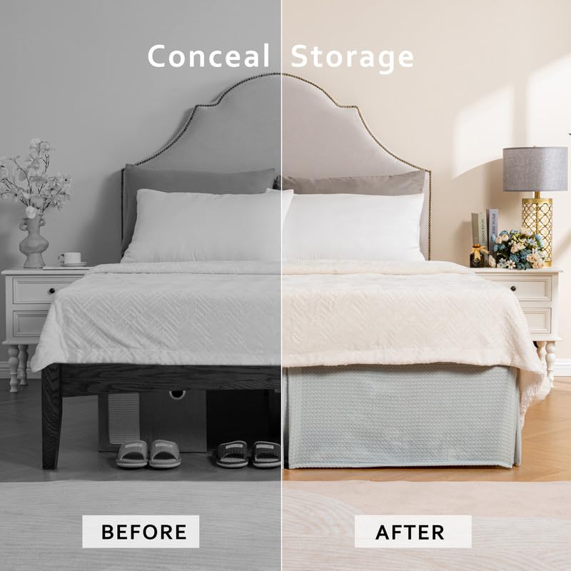 Miye Pleated Waffle Weave Bed Skirt, Tailored Dust Ruffle 12 Inch Drop Easy Fit, Machine Washable (Light Grey, King - 12'' Drop)