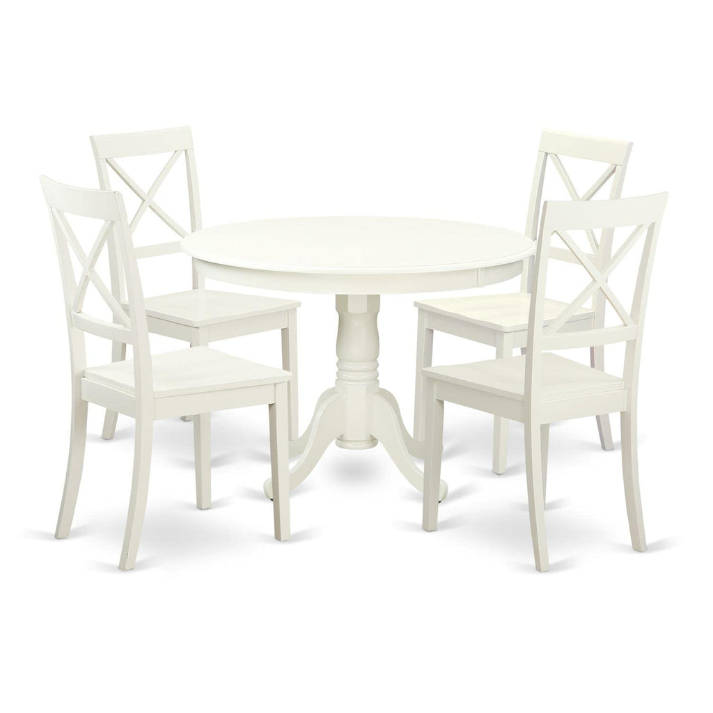 East West Furniture HLBO5-LWH-W 5 Piece Dinette Set for 4 Includes a Round Dining Room Table with Pedestal and 4 Kitchen Dining Chairs, 42x42 Inch, Linen White