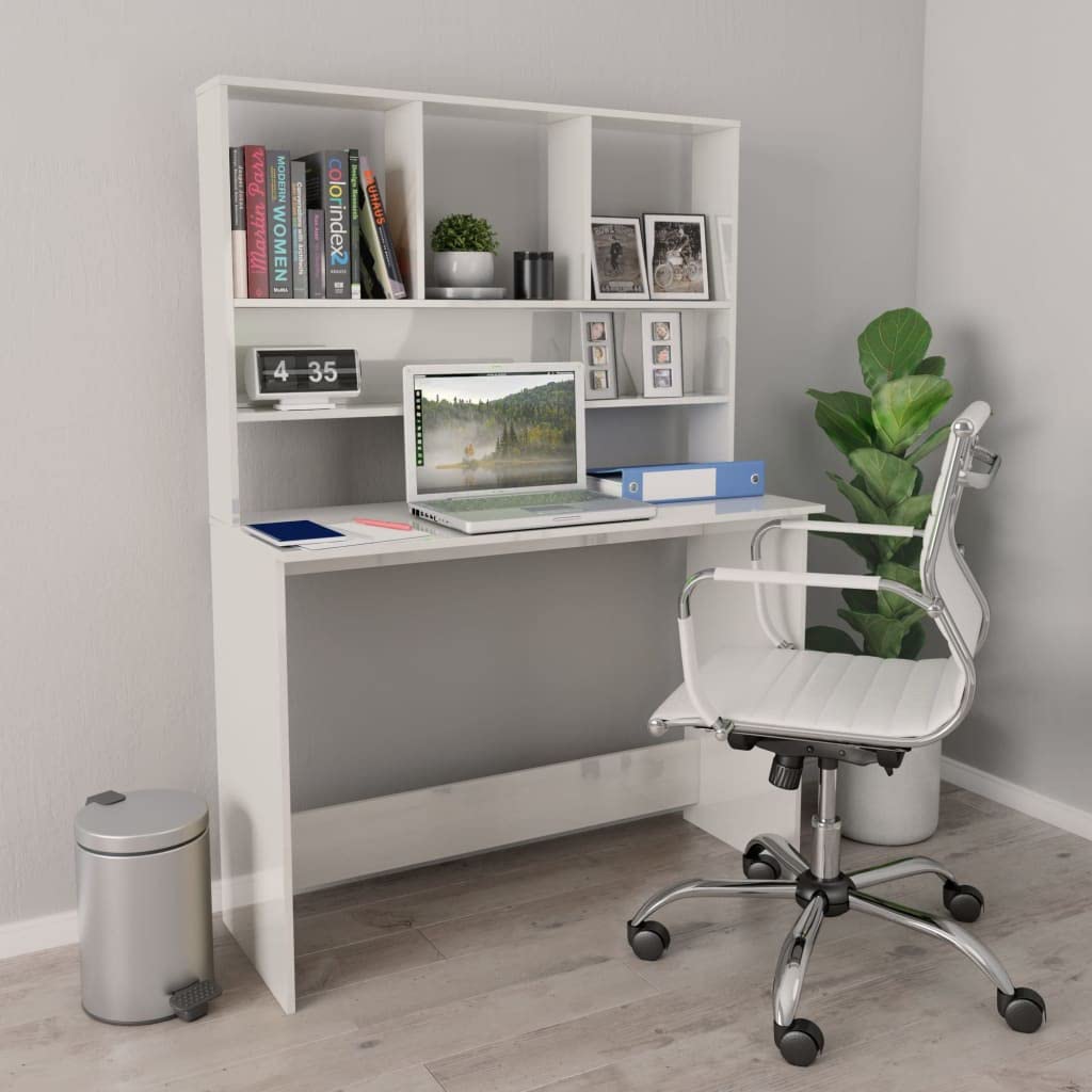 vidaXL Desk Home Office Computer Desk Storage High Gloss White Engineered Wood