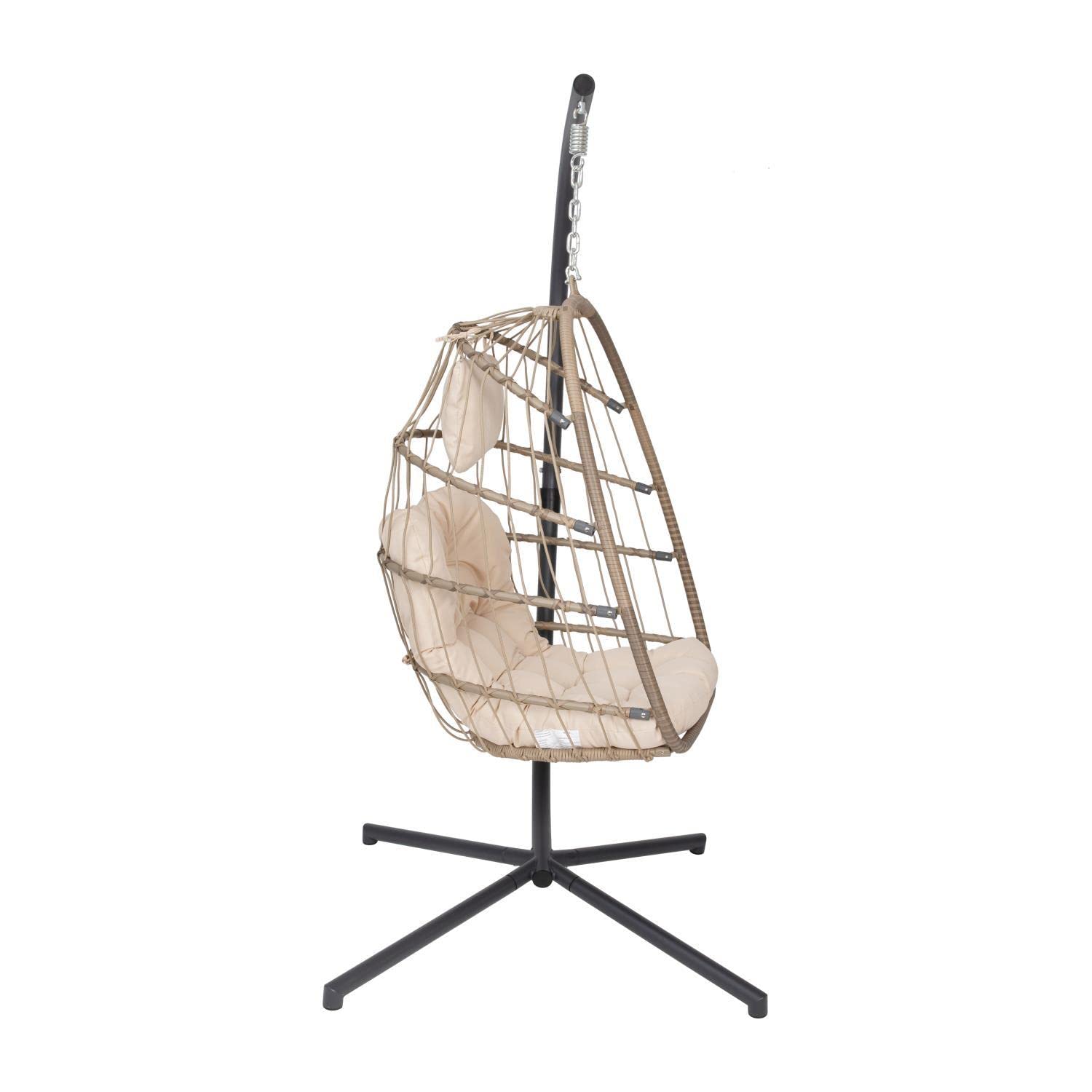 Flash Furniture Cleo Indoor/Outdoor Patio Hanging Egg Chair - Natural Frame With Cream Seat Cushions - Black Powder Coated C-Style Stand - Hanging Hardware Included