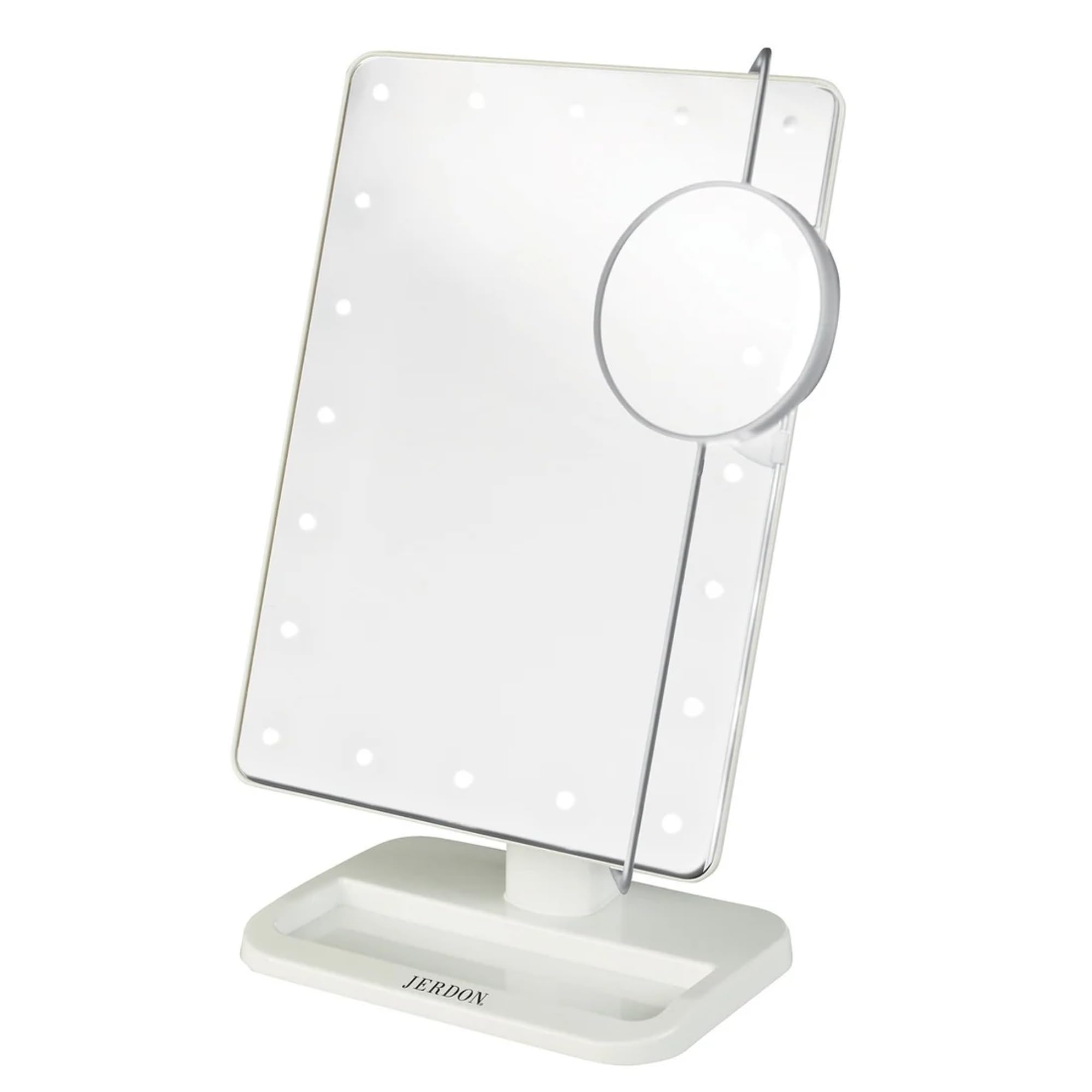 Jerdon 8-Inch by 11-Inch Lighted Vanity Mirror - Rectangular Tabletop Mirror in White with 10X Magnification Spot Mirror - Model