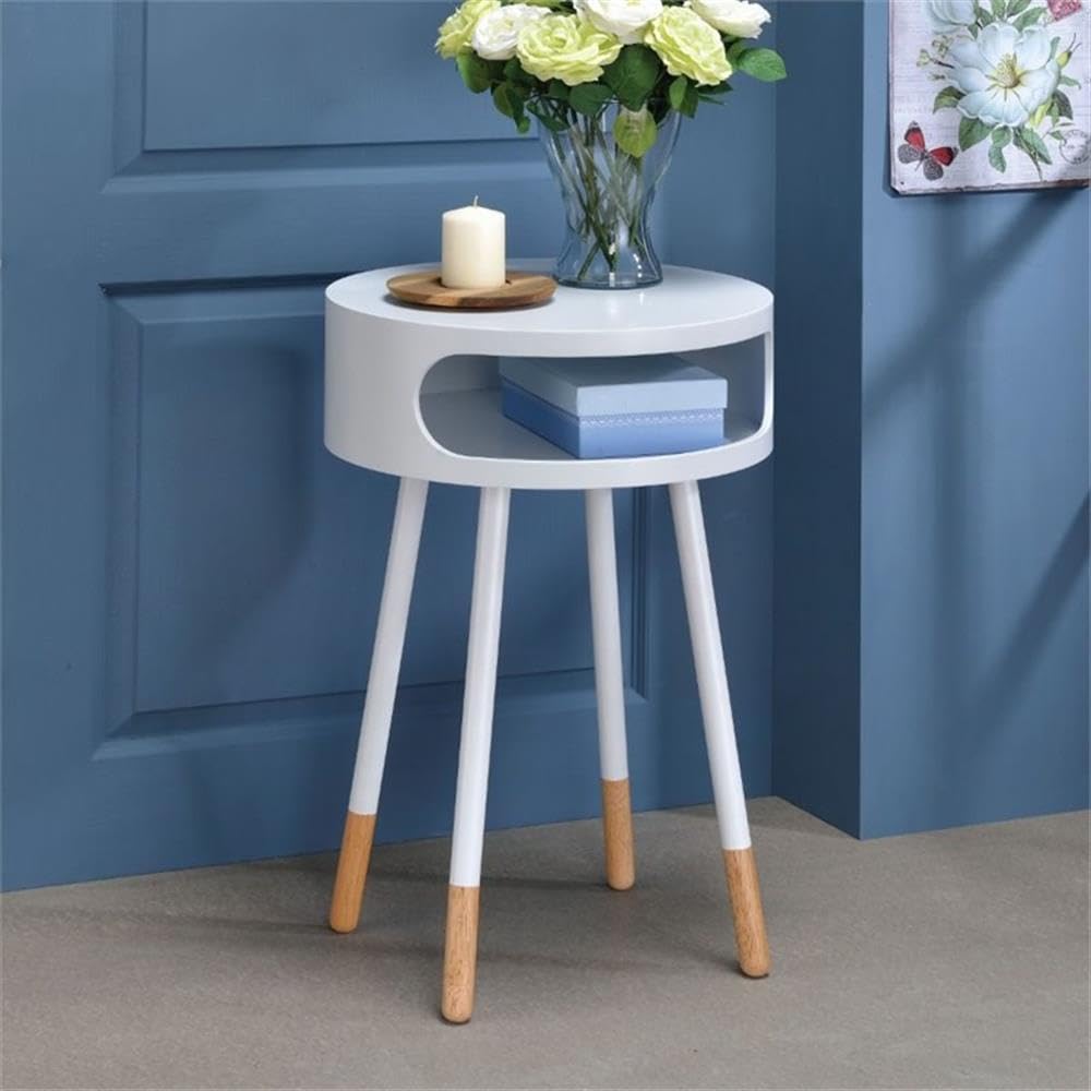 Acme Sonria Round Wooden End Table with 1 Compartment in White and Natural