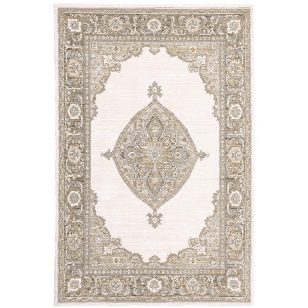 HomeRoots 510141 10 x 13 ft. Beige Ivory Tan Gold Gray & Green Oriental Power Loom Stain Resistant Rectangle Area Rug