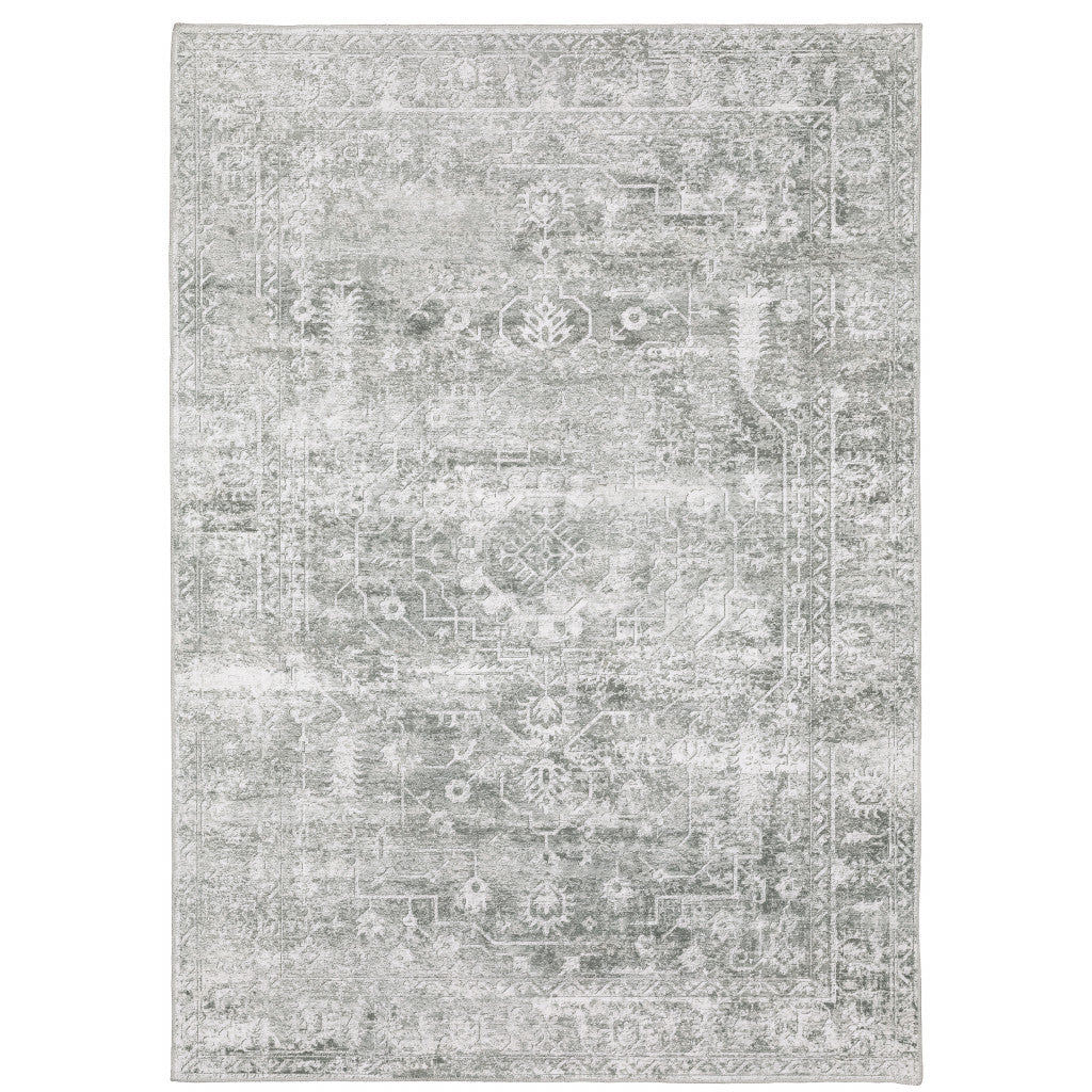 HomeRoots 510659 8 x 10 ft. Sage Green Gray Ivory & Silver Oriental Printed Stain Resistant Non Skid Rectangle Area Rug