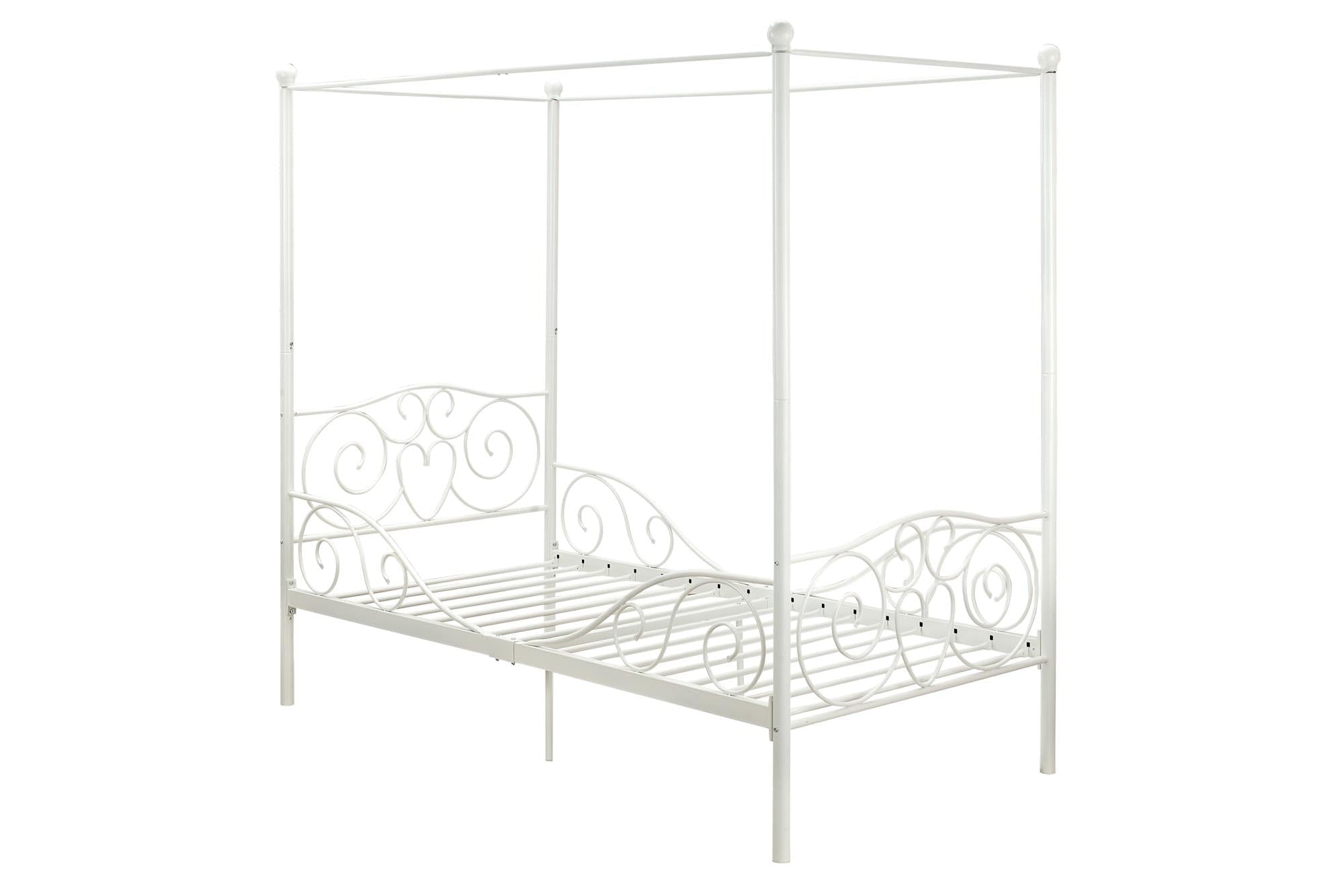 DHP Metal Canopy Kids Platform Bed with Four Poster Design, Scrollwork Headboard and Footboard, Underbed Storage Space, No Box S
