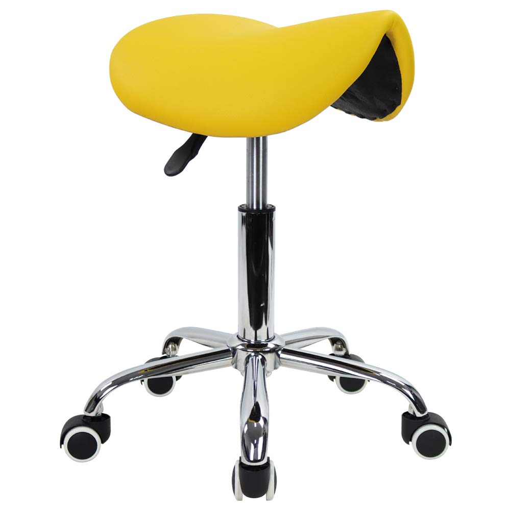 KKTONER Rolling Saddle Stool PU Leather Swivel Adjustable Rolling Stool with Wheels Salon Chair (Yellow)