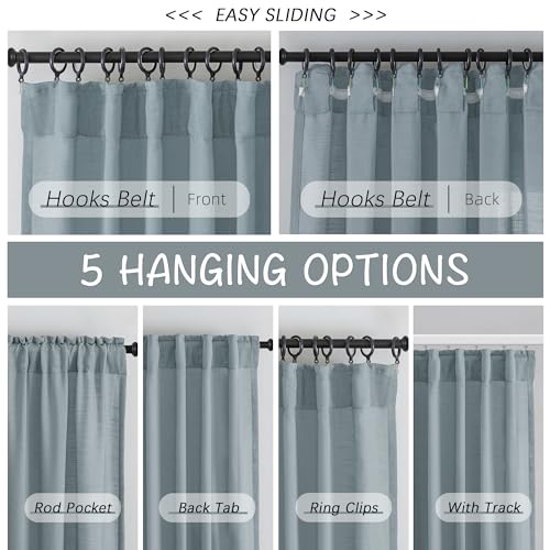 Donren Stone Blue Linen Back Tab Curtains 108 Inches Long Ceiling To Floor For Large Windows - 2 Panels Set Hooks Belt Pinch Pleated Easy Sliding Curtains Semi Privacy Sheer Drapres 52 X 108 Inch