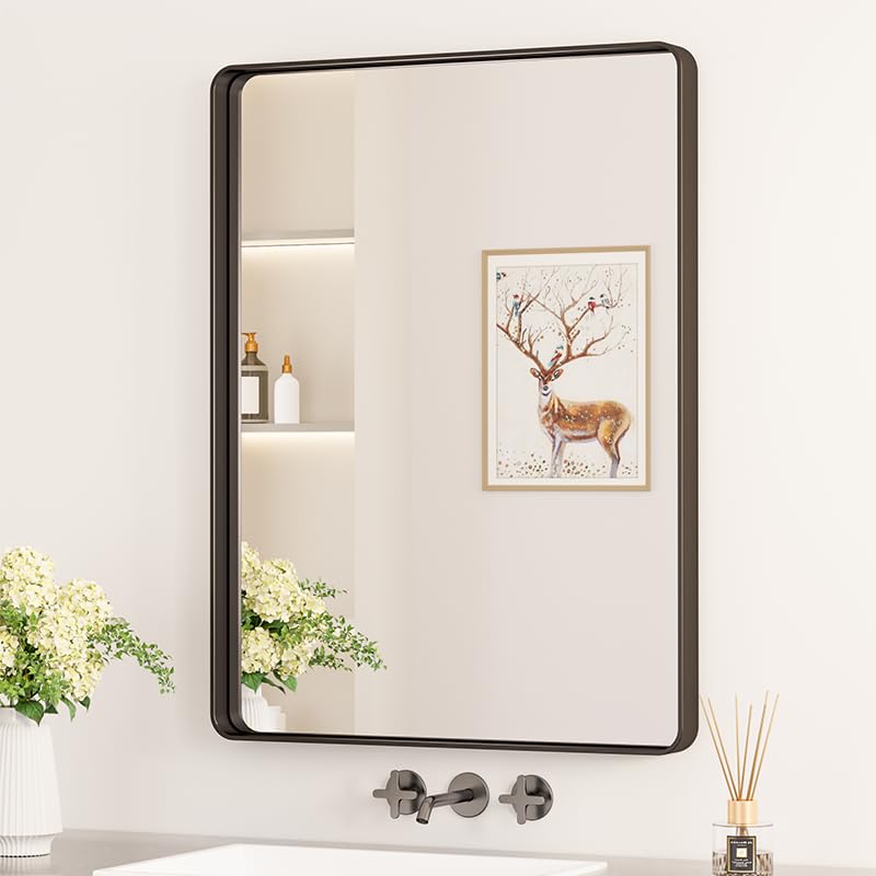 Keonjinn Black Bathroom Mirror for Over Sink, 24 x 32 Inch Matte Black Mirrors for Wall, Rounded Corner Rectangle Farmhouse Vani