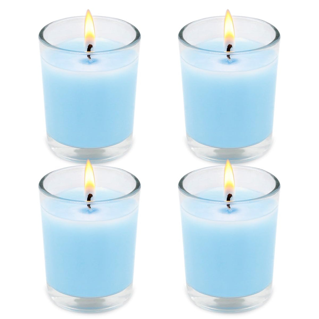 Set of 4 Babyblue Votive Candles Clear Glass Filled Unscented Soy Wax Candle for Home Spa Weddings Holiday Baby-Shower Party and