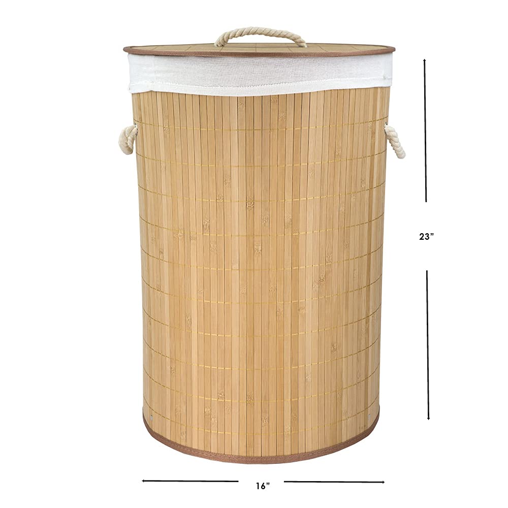 Home Basics Foldable Bamboo Laundry Basket Hamper (Round, Natural)