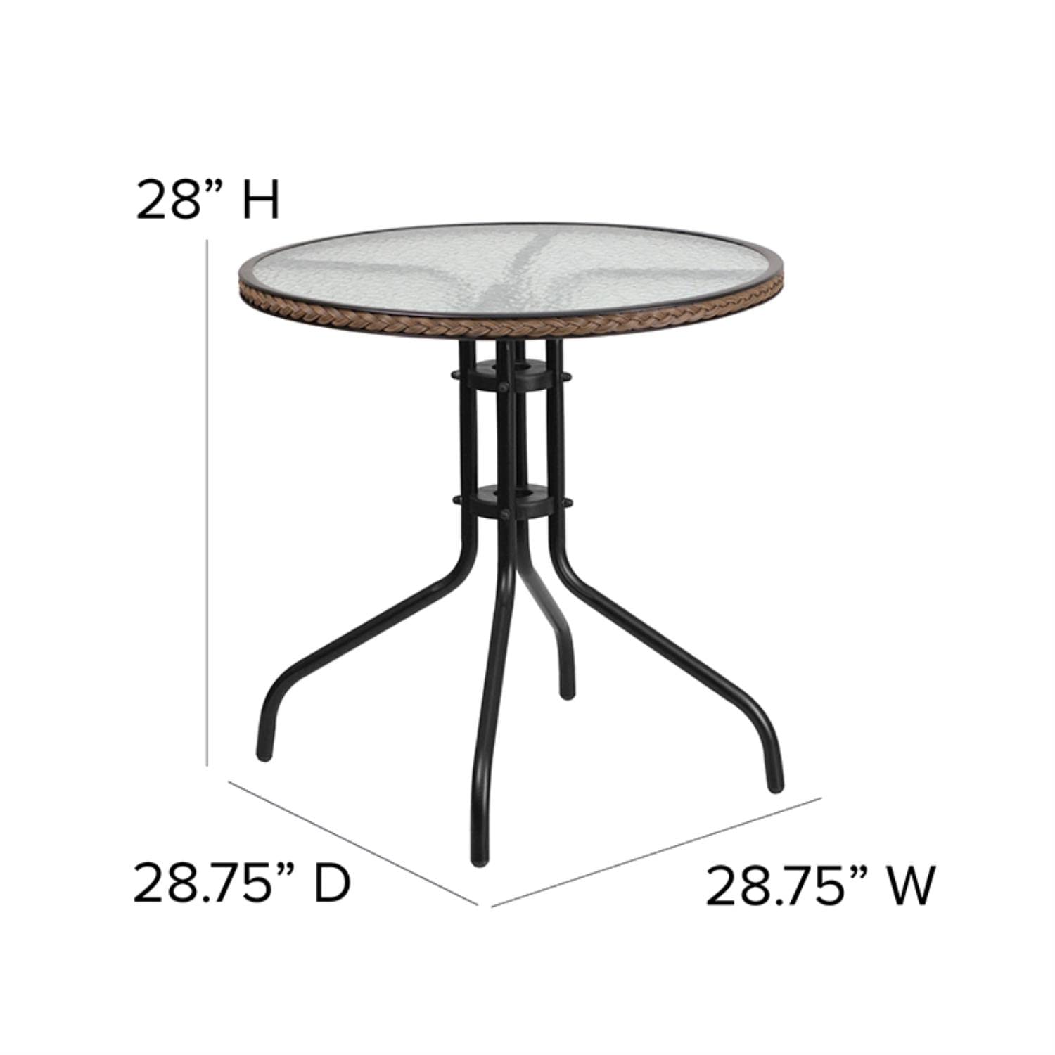 Flash Furniture Lila 28'' Round Glass Metal Table With Dark Brown Rattan Edging And 2 Dark Brown Rattan Stack Chairs