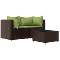vidaXL Poly Rattan 4-Piece Patio Lounge Set in Brown with Green Cushions - Weather-, Powder-Coated Steel Frame, Comfortable Back