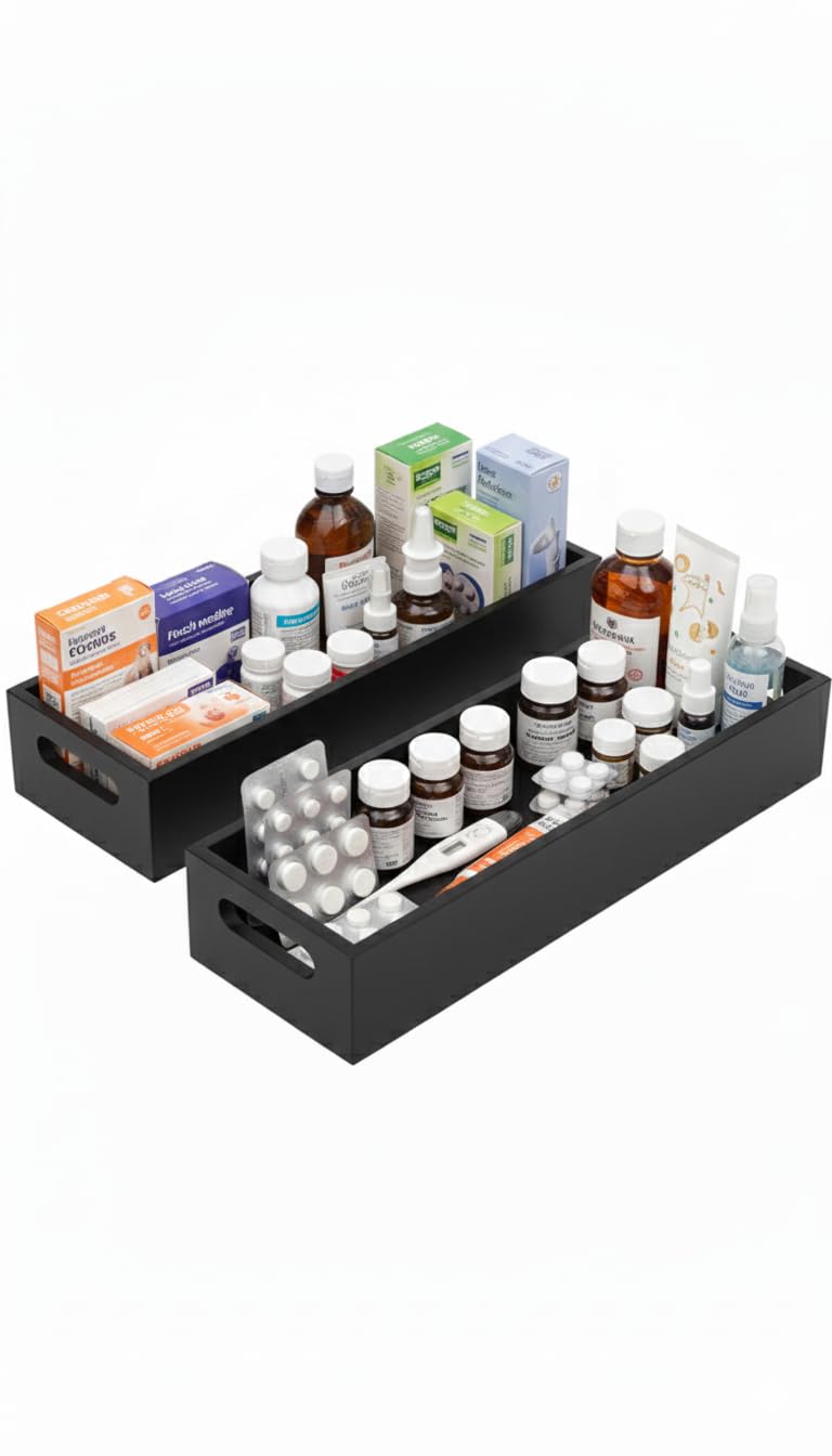 WOODHOBBLE Medicine Storage Organizer, 2 Trey Black Plastic Cabinet Box with Handle, Medication Container for Pills, Bottles, Fi