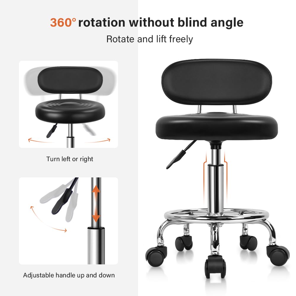 Kktoner Pu Leather Modern Rolling Stool With Low Back Height Adjustable Work Salon Drafting Swivel Task Chair With Footrest (Black)
